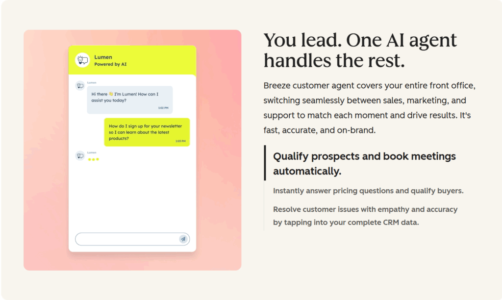 Breeze Customer Service Agent interface screenshot